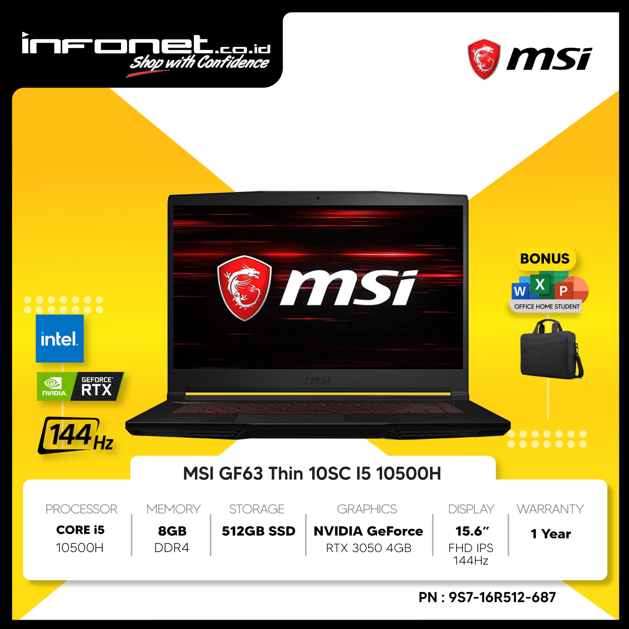 MSI GF63 Thin 10UC I5 10500H 8GB 512GB SSD RTX3050 4GB 15.6" FHD IPS ...