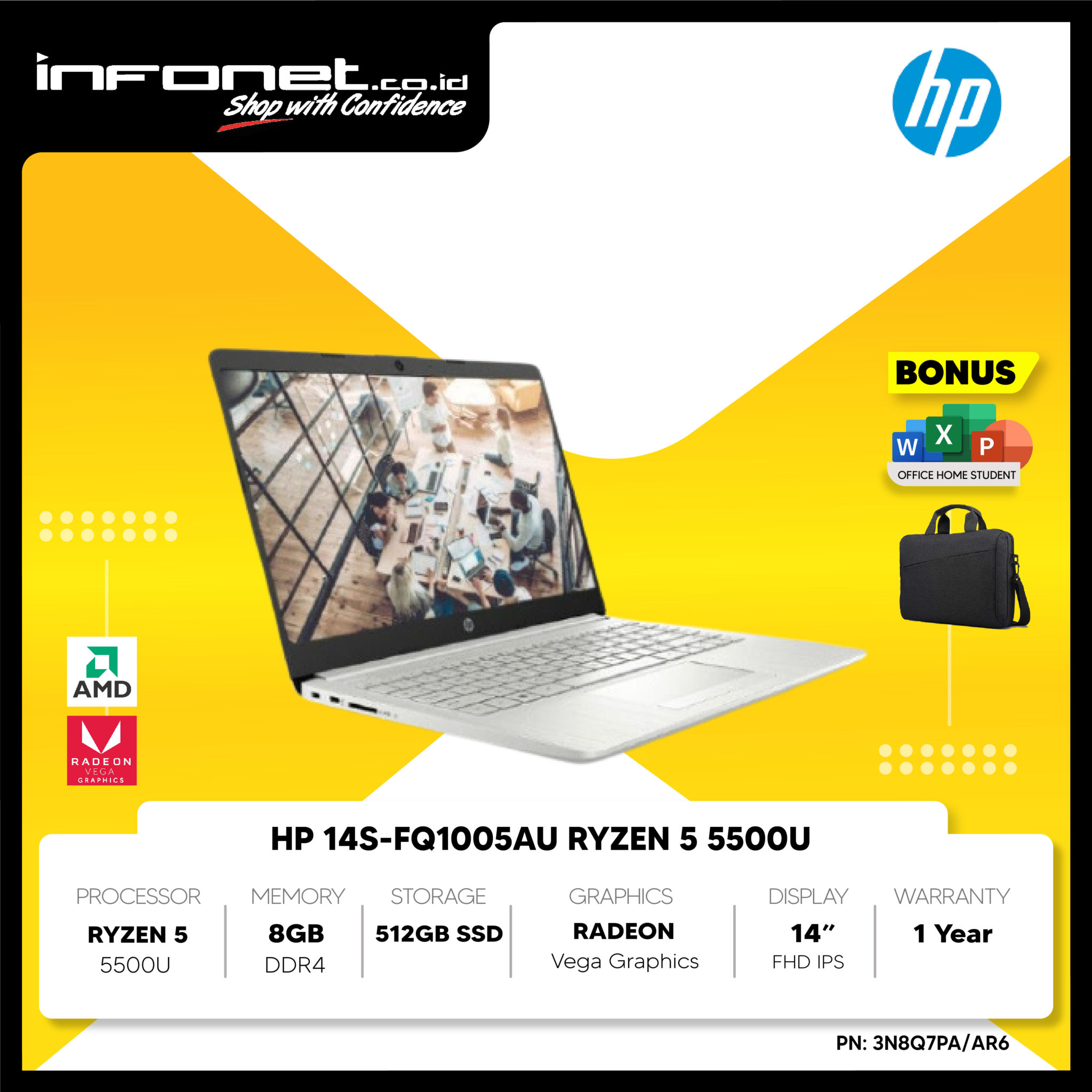 Hp 14s Fq1005au Ryzen 5 5500u 8gb 512gb Ssd Radeon Vega 14 Fhd Ips W10 Ohs Infonet 4401